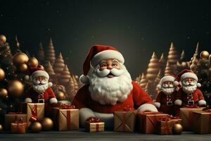 Ai Generative Christmas banner with copy space for text, santa claus celebrate with giftboxes, fir tree branches and red ornaments, dark color background photo