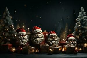 Ai Generative Christmas banner with copy space for text, santa claus celebrate with giftboxes, fir tree branches and red ornaments, dark color background photo