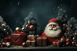 Ai Generative Christmas banner with copy space for text, santa claus celebrate with giftboxes, fir tree branches and red ornaments, dark color background photo