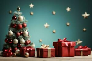 Ai Generative Background of christmas tree and red gift box on a christmas empty background with copy space photo