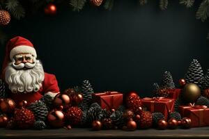 Ai Generative Christmas banner with copy space for text, santa claus celebrate with giftboxes, fir tree branches and red ornaments, dark color background photo