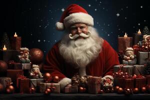 Ai Generative Christmas banner with copy space for text, santa claus celebrate with giftboxes, fir tree branches and red ornaments, dark color background photo