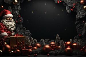 Ai Generative Christmas banner with copy space for text, santa claus celebrate with giftboxes, fir tree branches and red ornaments, dark color background photo
