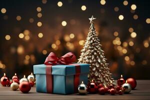 Ai Generative Background of christmas tree and red gift box on a christmas empty background with copy space photo