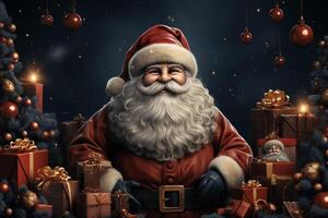Ai Generative Christmas banner with copy space for text, santa claus celebrate with giftboxes, fir tree branches and red ornaments, dark color background photo