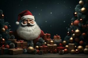 Ai Generative Christmas banner with copy space for text, santa claus celebrate with giftboxes, fir tree branches and red ornaments, dark color background photo