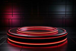 Ai Generated photo red light round podium and black background for mock up realistic image