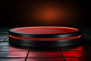 Ai Generated photo red light round podium and black background for mock up realistic image