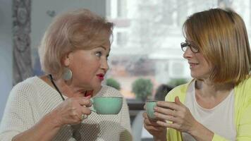 senior moeder chatten naar haar dochter over- kop van koffie Bij de cafe video