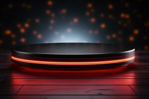 Ai Generated photo red light round podium and black background for mock up realistic image