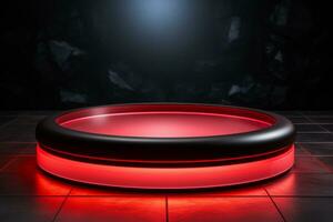 Ai Generated photo red light round podium and black background for mock up realistic image