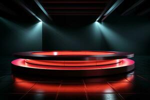 Ai Generated photo red light round podium and black background for mock up realistic image