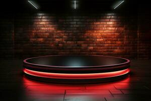 Ai Generated photo red light round podium and black background for mock up realistic image