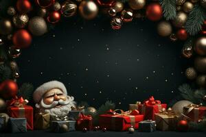 ai generativo Navidad bandera con Copiar espacio para texto, Papa Noel claus celebrar con cajas de regalo, abeto árbol ramas y rojo adornos, oscuro color antecedentes foto