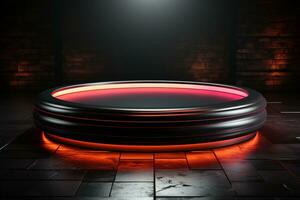 Ai Generated photo red light round podium and black background for mock up realistic image