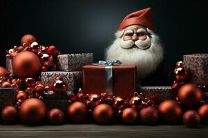 ai generativo Navidad bandera con Copiar espacio para texto, Papa Noel claus celebrar con cajas de regalo, abeto árbol ramas y rojo adornos, oscuro color antecedentes foto