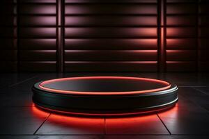 Ai Generated photo red light round podium and black background for mock up realistic image