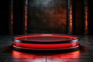 Ai Generated photo red light round podium and black background for mock up realistic image