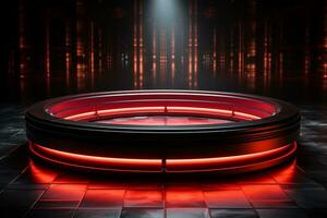 Ai Generated photo red light round podium and black background for mock up realistic image