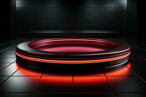 Ai Generated photo red light round podium and black background for mock up realistic image