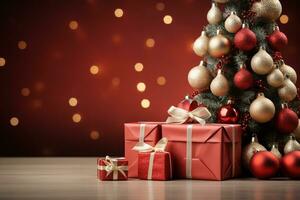 Ai Generative Background of christmas tree and red gift box on a christmas empty background with copy space photo