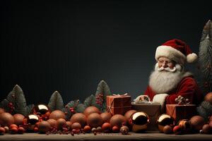 Ai Generative Christmas banner with copy space for text, santa claus celebrate with giftboxes, fir tree branches and red ornaments, dark color background photo