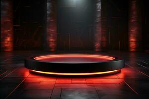 Ai Generated photo red light round podium and black background for mock up realistic image