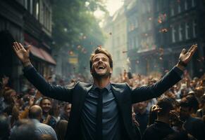 Ai Genetative man in a suit is celebrating success in the street photo