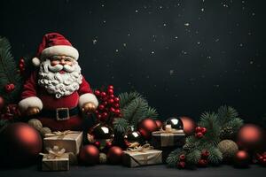 Ai Generative Christmas banner with copy space for text, santa claus celebrate with giftboxes, fir tree branches and red ornaments, dark color background photo