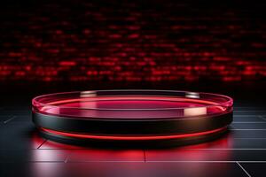 Ai Generated photo red light round podium and black background for mock up realistic image