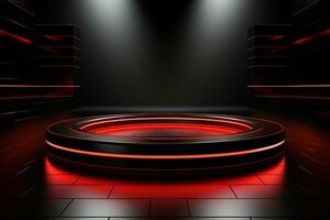 Ai Generated photo red light round podium and black background for mock up realistic image