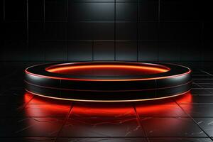 Ai Generated photo red light round podium and black background for mock up realistic image