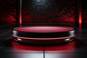 Ai Generated photo red light round podium and black background for mock up realistic image