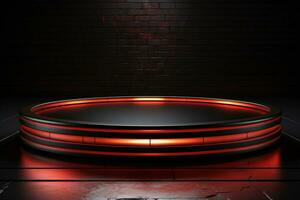 Ai Generated photo red light round podium and black background for mock up realistic image