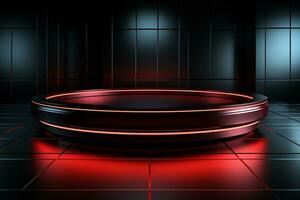 Ai Generated photo red light round podium and black background for mock up realistic image