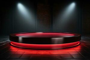 Ai Generated photo red light round podium and black background for mock up realistic image