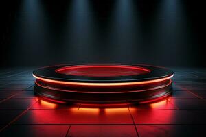 Ai Generated photo red light round podium and black background for mock up realistic image