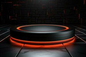 Ai Generated photo red light round podium and black background for mock up realistic image