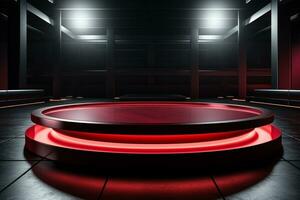 Ai Generated photo red light round podium and black background for mock up realistic image