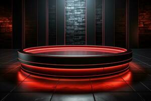 Ai Generated photo red light round podium and black background for mock up realistic image