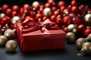 Ai Generative Background of christmas tree and red gift box on a christmas empty background with copy space photo