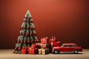 Ai Generative Background of christmas tree and red gift box on a christmas empty background with copy space photo