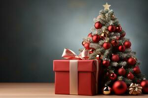 Ai Generative Background of christmas tree and red gift box on a christmas empty background with copy space photo