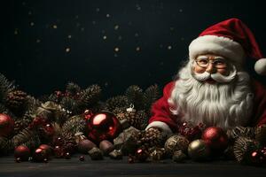 Ai Generative Christmas banner with copy space for text, santa claus celebrate with giftboxes, fir tree branches and red ornaments, dark color background photo