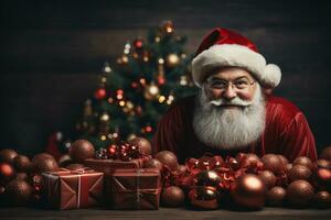 ai generativo Navidad bandera con Copiar espacio para texto, Papa Noel claus celebrar con cajas de regalo, abeto árbol ramas y rojo adornos, oscuro color antecedentes foto