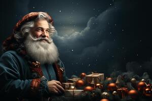Ai Generative Christmas banner with copy space for text, santa claus celebrate with giftboxes, fir tree branches and red ornaments, dark color background photo