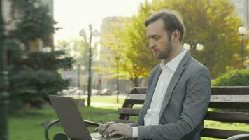 volwassen zakenman werken Aan zijn laptop buitenshuis in stad park video