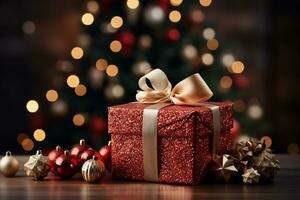 Ai Generative Background of christmas tree and red gift box on a christmas empty background with copy space photo