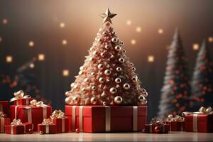 Ai Generative Background of christmas tree and red gift box on a christmas empty background with copy space photo