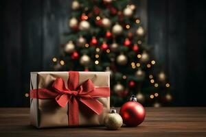 Ai Generative Background of christmas tree and red gift box on a christmas empty background with copy space photo